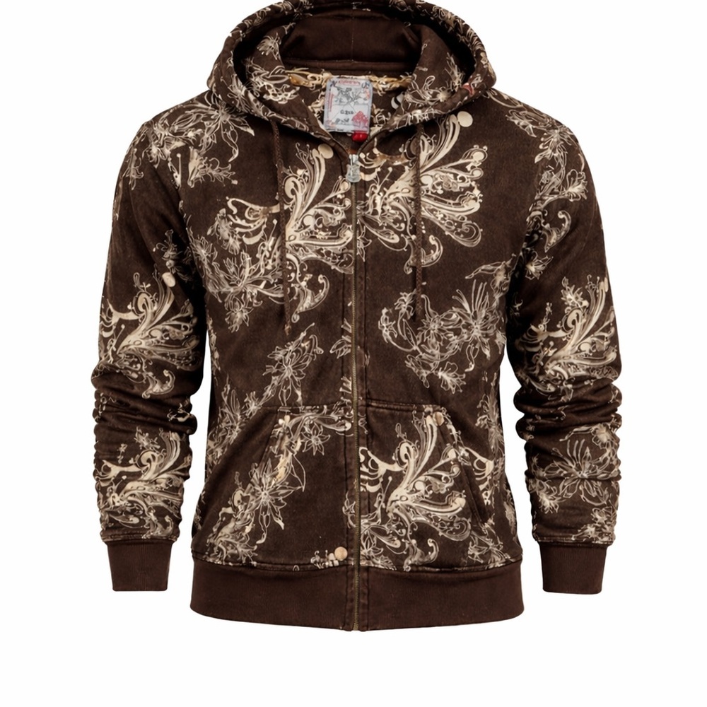Campus Brown Baroque Filigree Zip Hoodie Y2K Indie Sleaze Oversized‎ Mens L